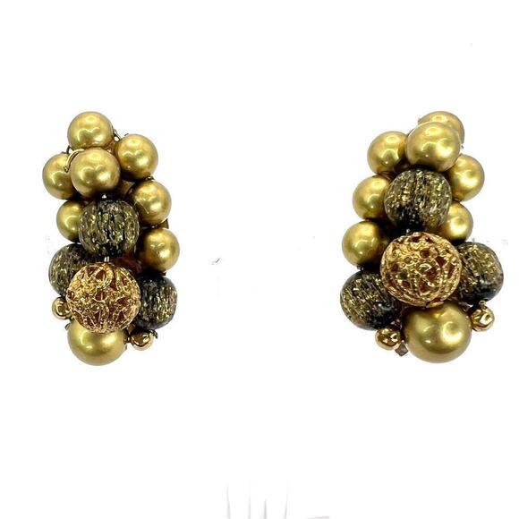 Vintage Cluster Beaded Clip On Earrings Gold Metal Textured Statement MCM - Picture 1 of 5